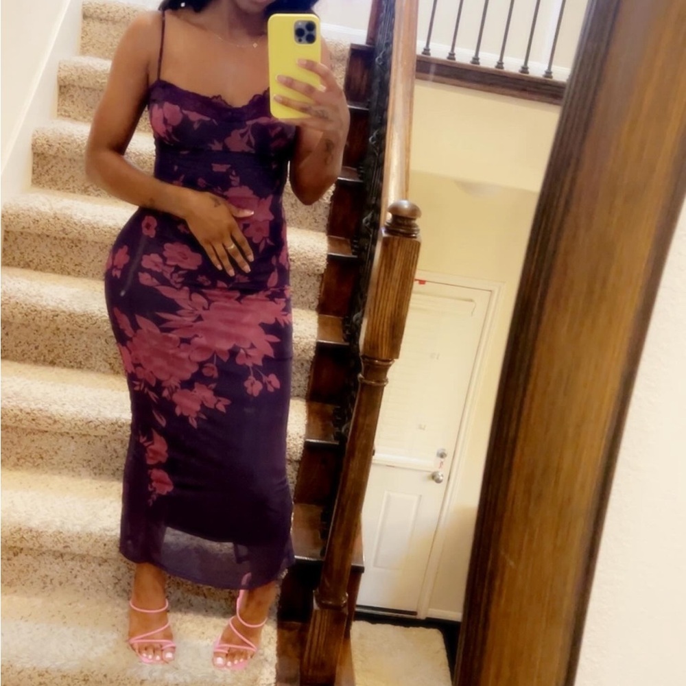 Floral Print Lace Trim Slit Maxi Dress
